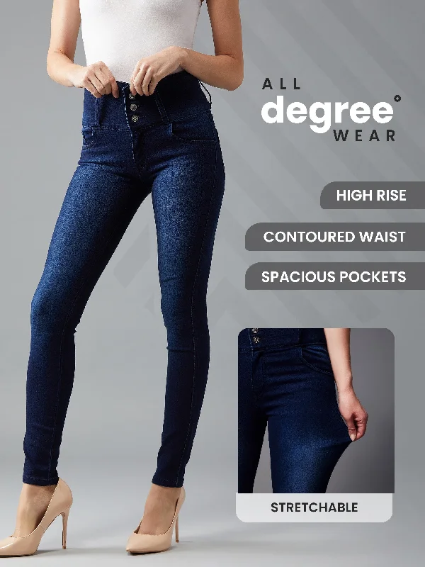 Dark Wash Jeans for Elegance -Women's Navy Blue Skinny Fit High Rise Clean Look Regular Length Stretchable High Waist Denim Jeans