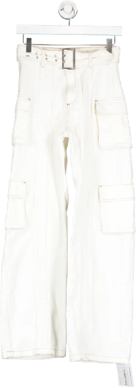 Rugged straight jeans for tough work environments -PrettyLittleThing Cream Sand Pocket Detail Belted Jeans UK 4