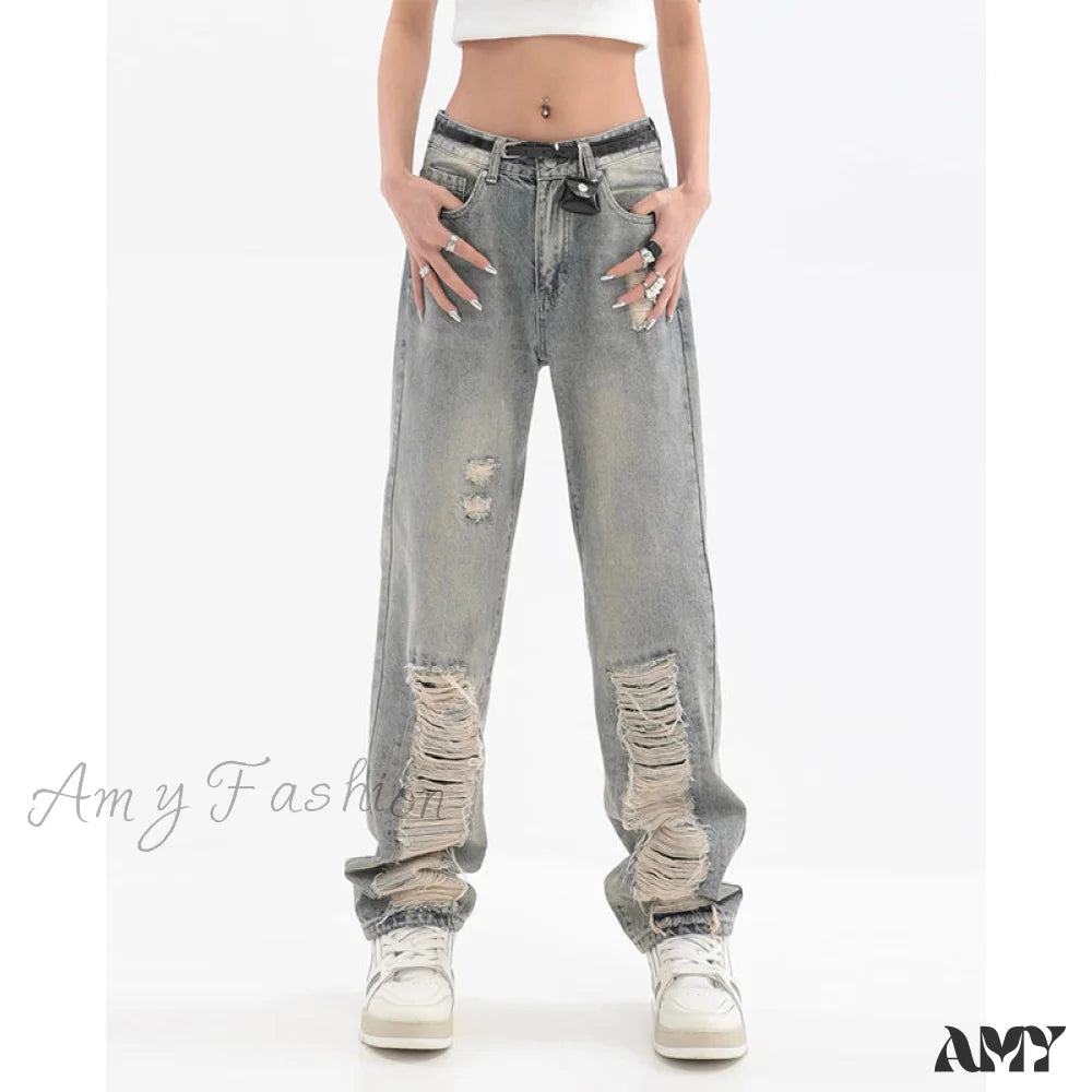 Quick-dry travel pants for adventurous globetrotters -Amy Fashion - Hip Hop Ripped Baggy Jeans