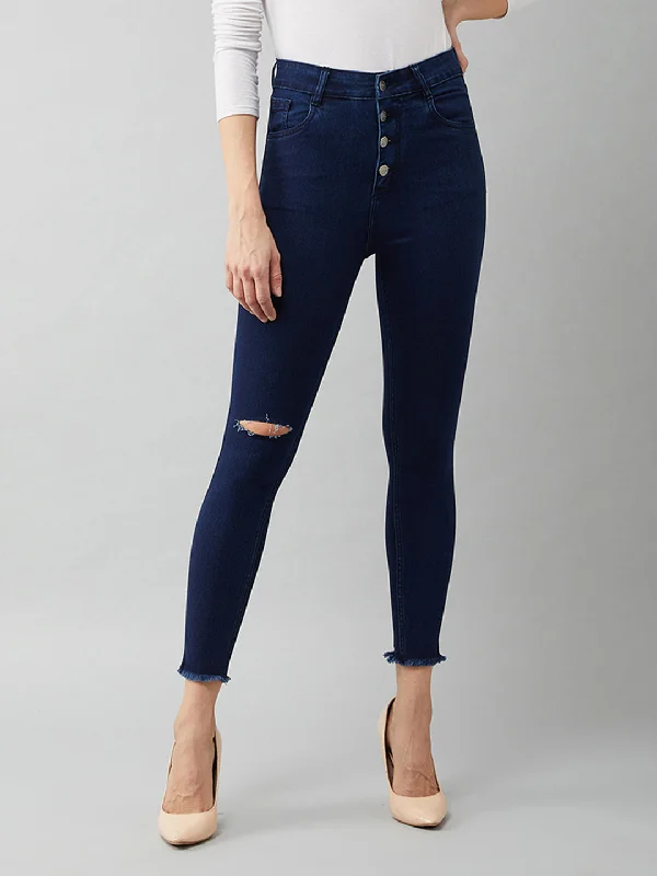 Overalls Jeans for Workwear -Women's Navy Blue Cotton Skinny Fit Cropped High Rise Stretchable Denim Jeans