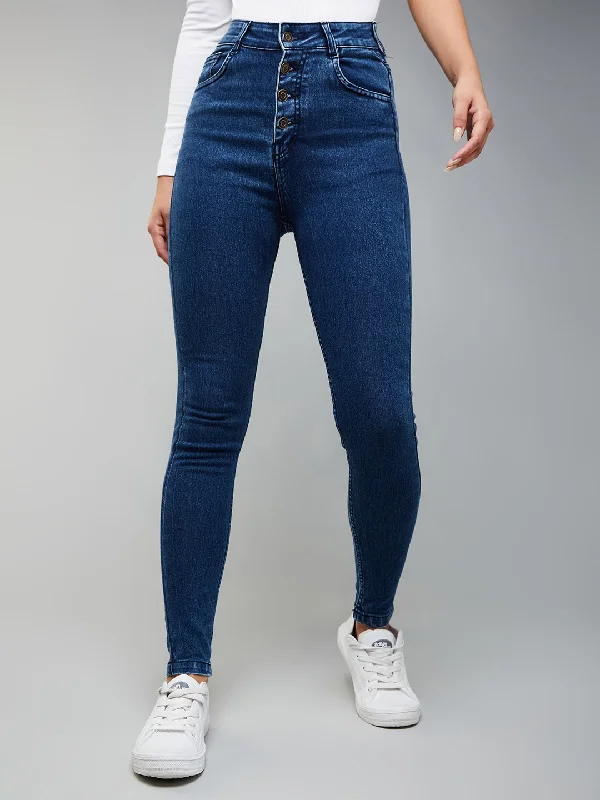 Casual Friday Jeans for Relaxed -Women's Blue Skinny-Fit High-Rise Clean-Look Regular-Length Stretchable Denim Jeans