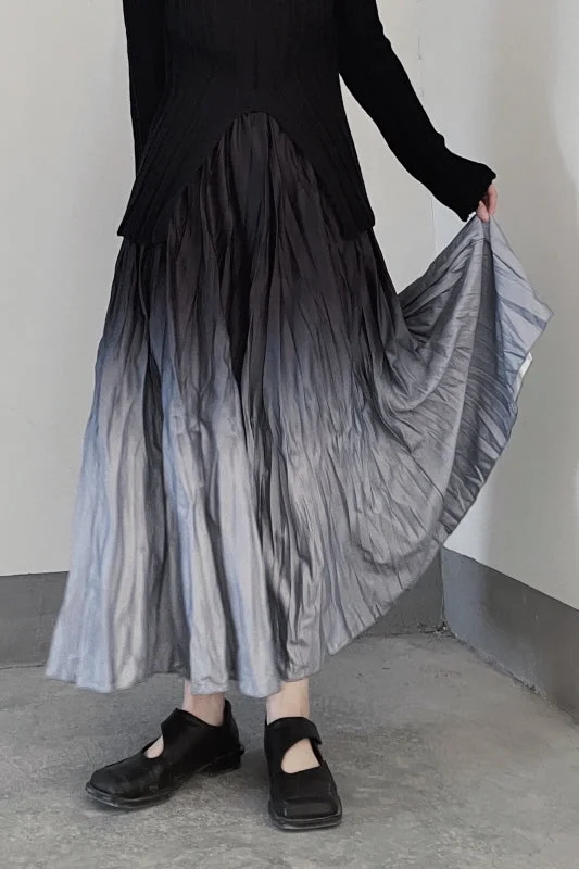 Patchwork Jeans for Bohemian -Artistic Smudged Gradient Pleated Skirt High Waist Niche Design Long Skirt