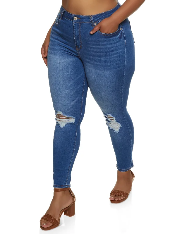 Shopping Jeans for Convenient -Plus Size WAX Ripped Knee Distressed Jeans