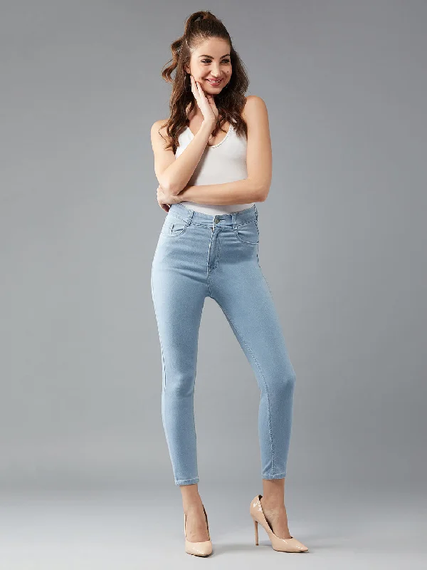 Shopping Jeans for Convenient -Women's Light Blue Skinny Fringed Hemline Detailing High Rise Ice Wash Clean Look Cropped Solid Stretchable Denim Jeans