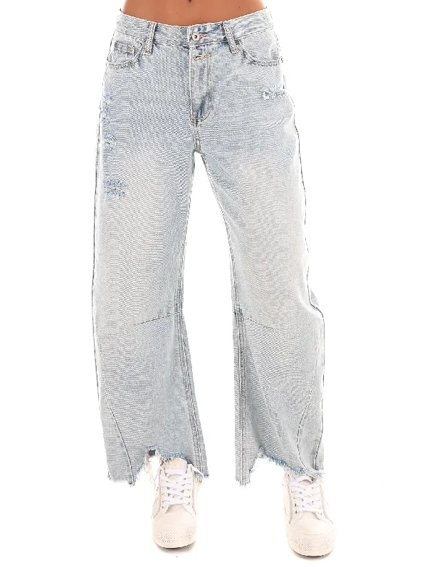 Mid-rise straight jeans for versatile daily outfits -High Rise Distressed Barrel Jeans