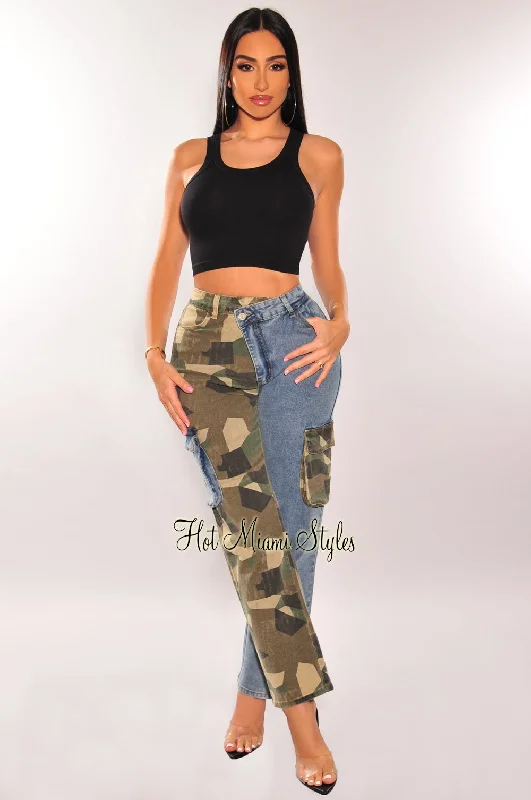 Black stretch straight jeans for sleek comfort -Camo Denim Two Tone Cargo Pocket Wide Leg Jeans