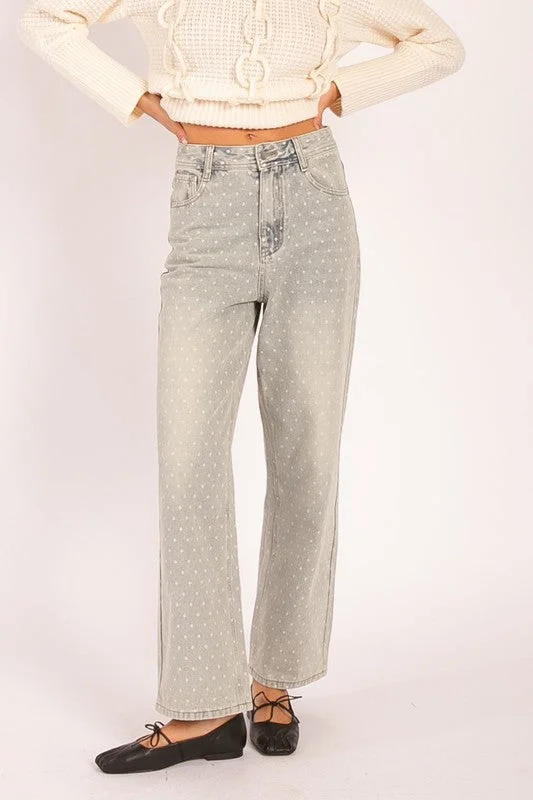 Organic straight jeans for green lifestyle choices -Heyson High Rise Washed Polka Dot Straight Leg Jeans