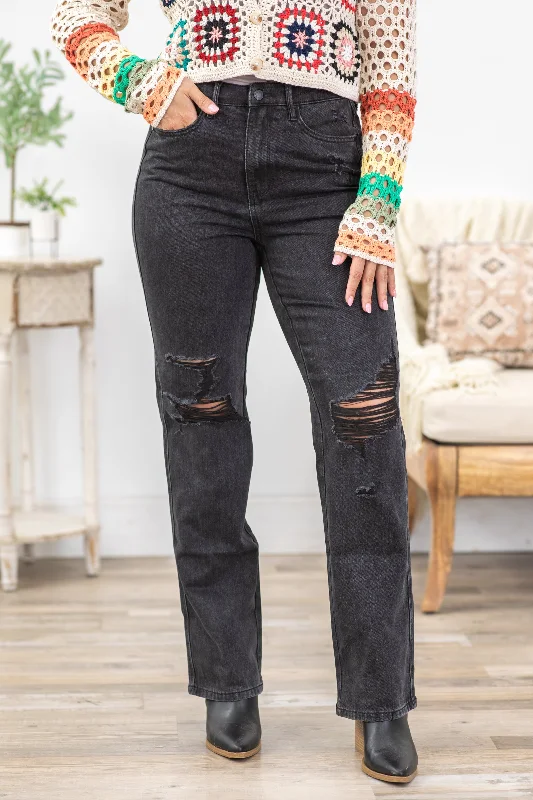 Stonewashed straight jeans for vintage cool appeal -Judy Blue Black Distressed Rigid Front Jeans