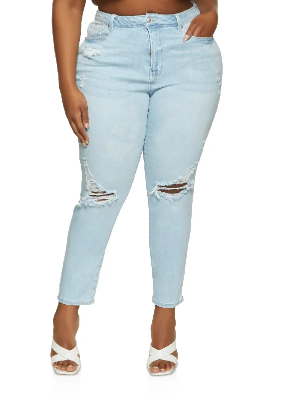 Cutoff Shorts Jeans for Fun -Plus Size WAX Ripped Knee Skinny Jeans