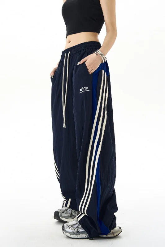 Designer leather pants for high-fashion nightwear -Retro Stitched Striped Wide-Leg Track Pants & Three-Bar Loose Slacks