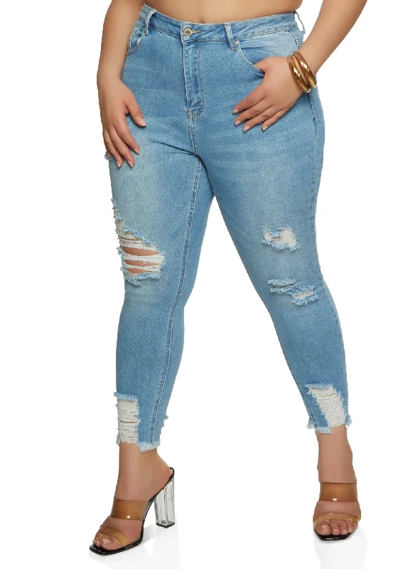 Overalls Jeans for Workwear -Plus Size WAX High Waist Ripped Skinny Jeans