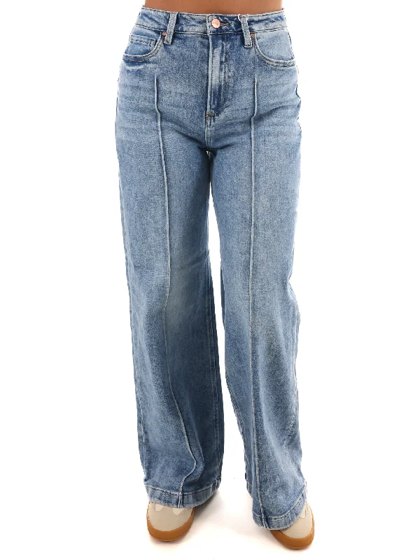 High-waisted straight jeans for flattering women’s style -High Waist Pink Tuck Wide Leg Jeans