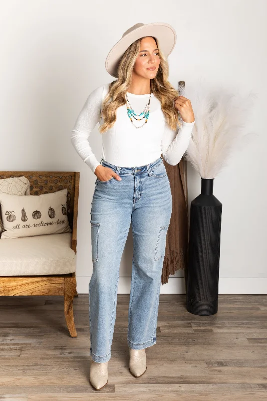 Designer straight jeans with signature logo details -Judy Blue Light Wash Cargo Wide Leg Jeans