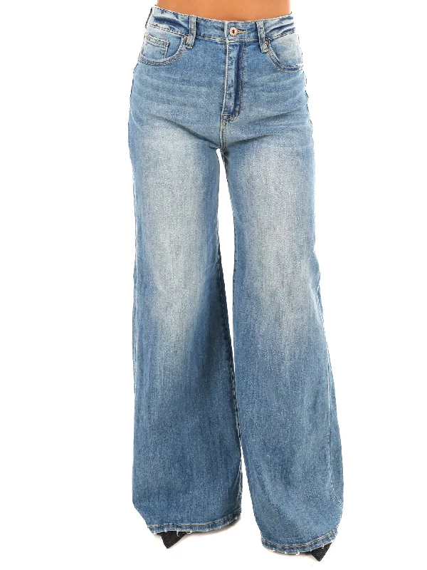 Classic blue straight jeans for everyday casual wear -Great Day High Rise Super Wide Leg Jeans