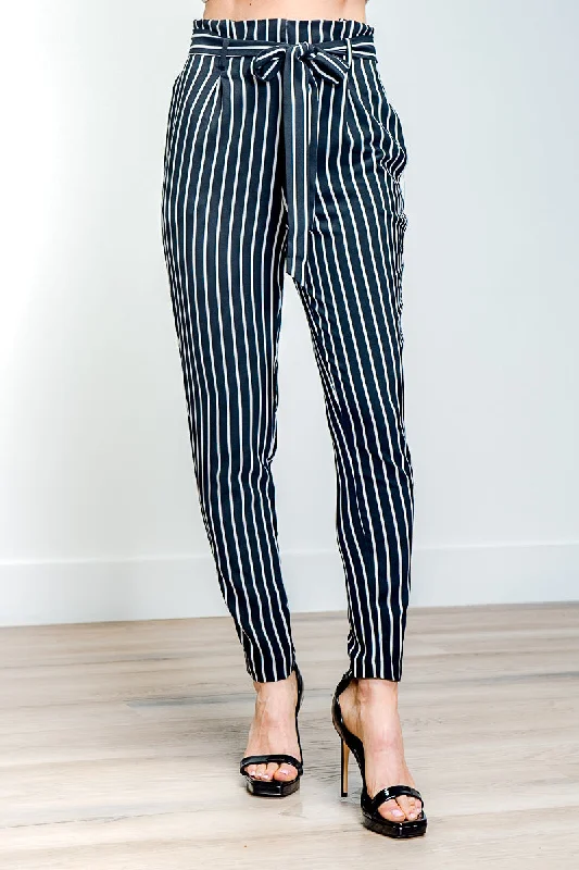 Slim-fit dark straight jeans for polished looks -Striped Dressy Pants With Belt And Side Pockets (910640-CH604)