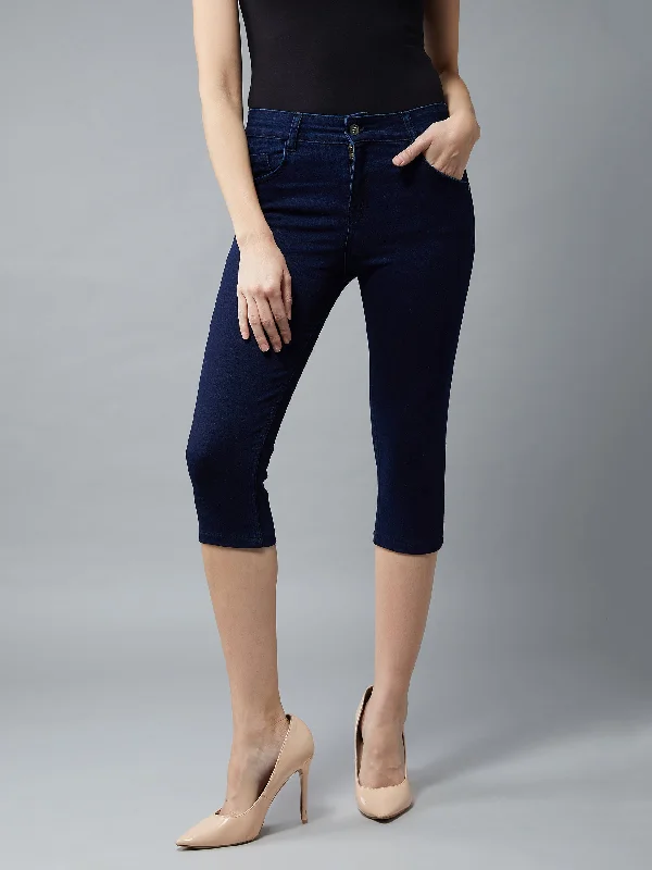 Studded Jeans for Punk -Women's Navy Blue Skinny Fit High Rise Cropped Length Clean Look Denim Stretchable Capri Jeans