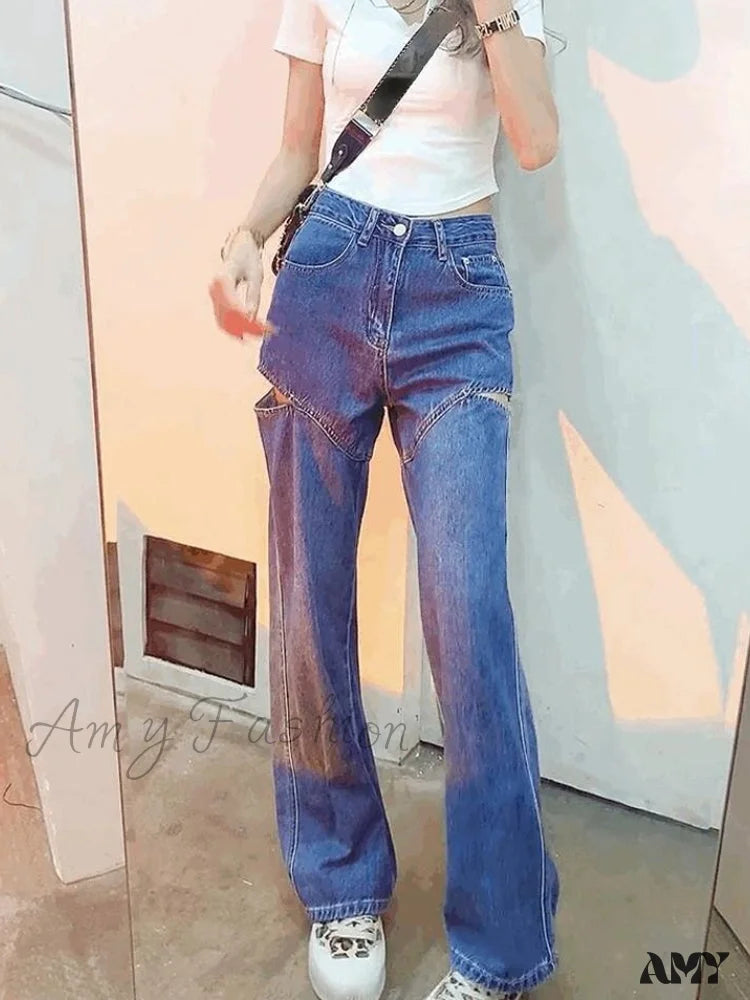 Stretchy skinny pants for figure-hugging appeal -Amy Fashion - Retro Loose High Waist Blue Jeans