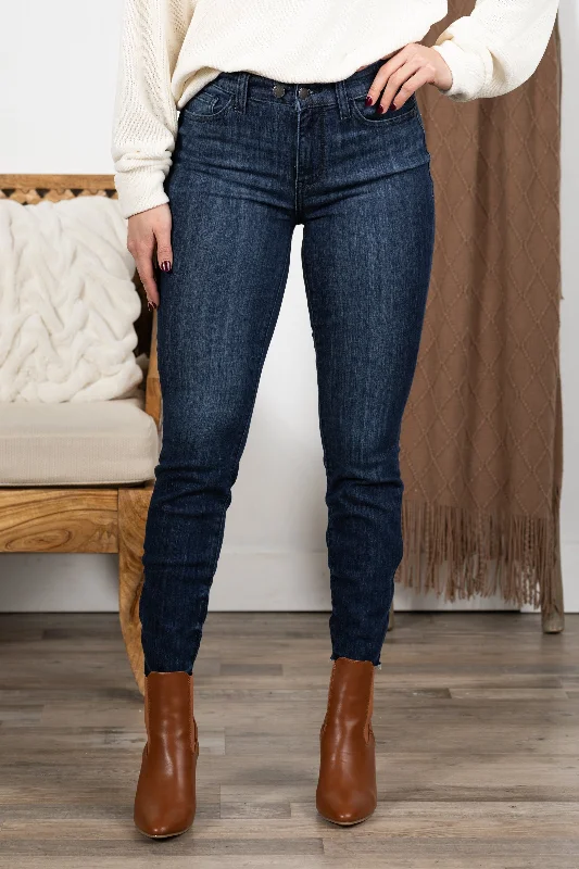 Classic straight jeans for timeless wardrobe staples -Judy Blue Dark Wash Skinny Raw Hem Jeans