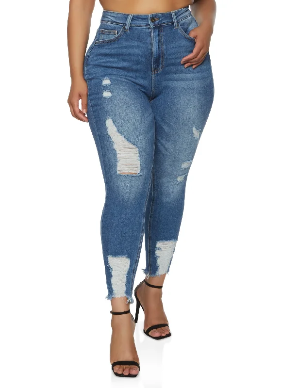 Khaki Jeans for Different -Plus Size WAX Frayed Hem Skinny Jeans