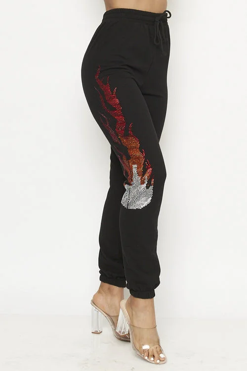 High-waisted faded straight jeans for chic lift -Rhinestone Flames Detail Elastic Waist Jogger Pants (51P21236)Y