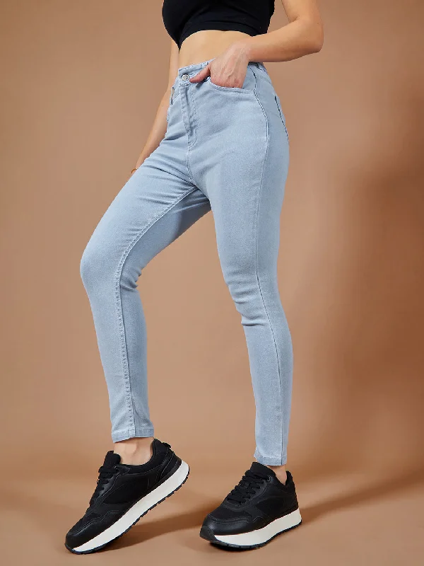 Anniversary Jeans for Special -Women's Light Blue Skinny Fringed Hemline Detailing High Rise Ice Wash Clean Look Cropped Solid Stretchable Denim Jeans