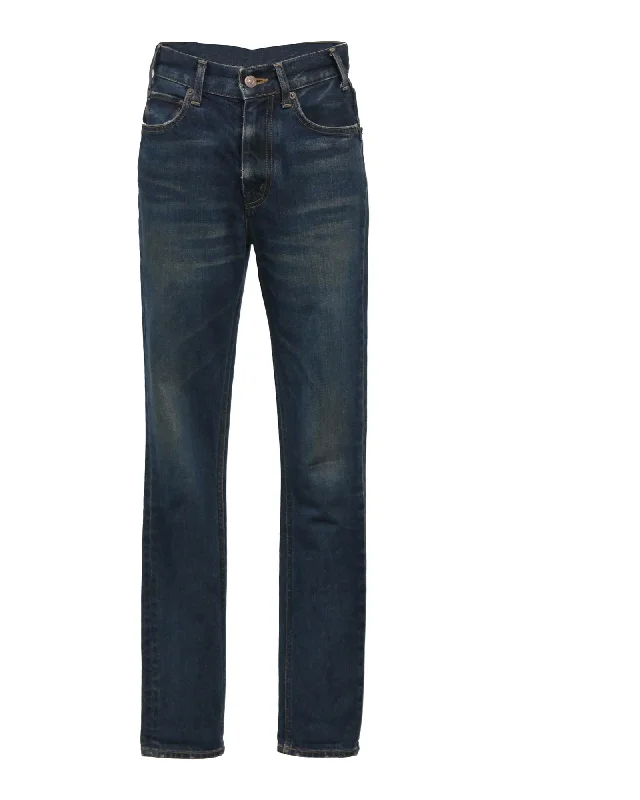 Embellished Back Pocket Jeans for Glamour -Blue Cotton Denim Jeans with Faded Thigh Details