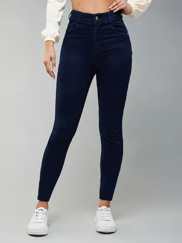 Affordable Jeans for Budget -CHASEstretch™ Women's Navy Blue Skinny Fit High Rise Cropped Length Denim Jeans