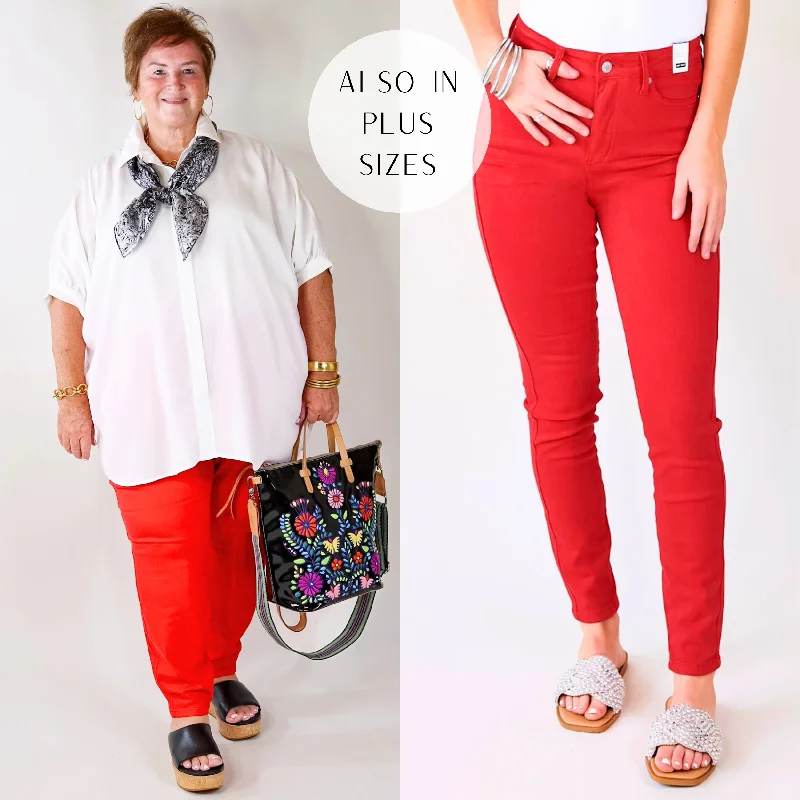 Camping Jeans for Wilderness -Judy Blue | Vibrant Smiles Control Top Skinny Jeans in Red