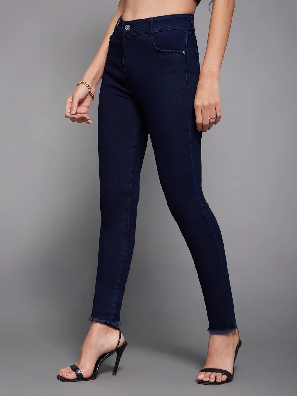 Blue Jeans for Everyday Wear -Women's Navy Blue Skinny Fit Mid Rise Regular Length Stretchable Denim Jeans