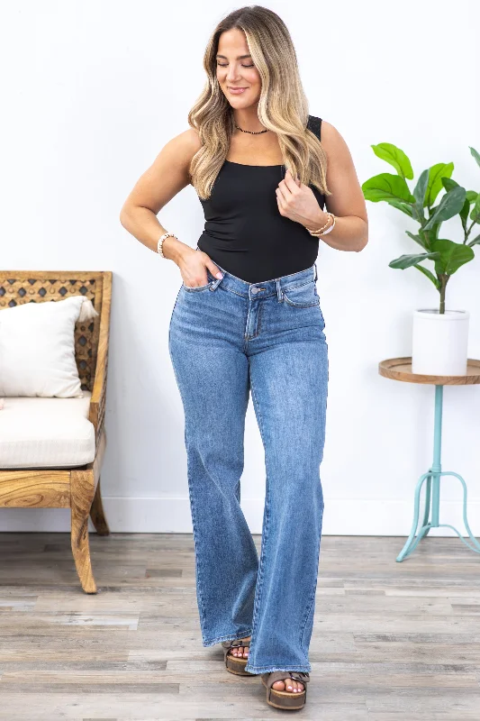 Faded straight jeans for laid-back weekend style -Risen Medium Wash Dipped V Wide Leg Jeans