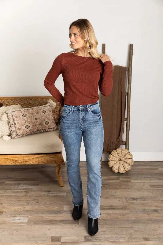 Classic straight jeans with subtle whisker details -Risen High Rise Straight Jeans With Hem Slit