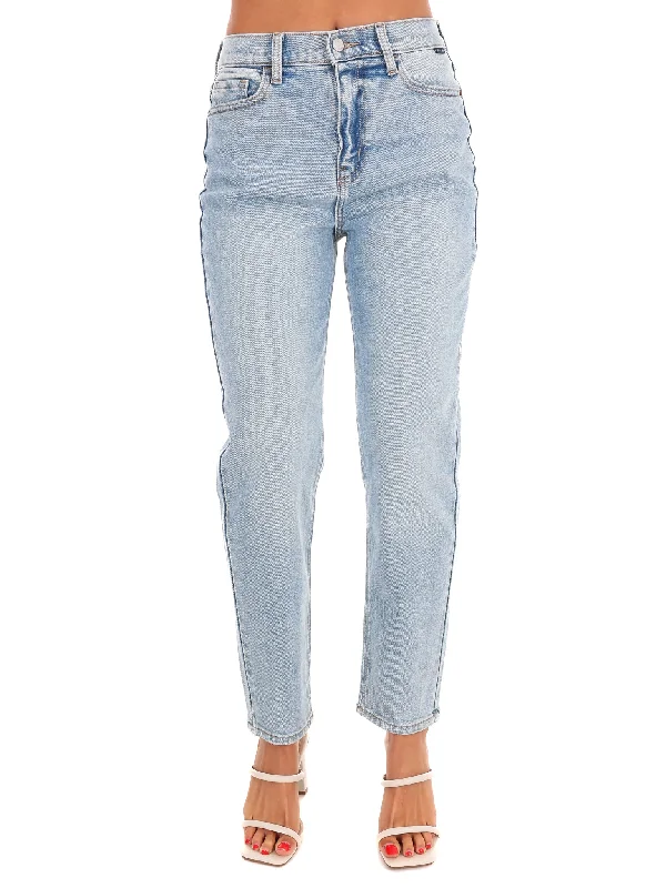 Medium wash straight jeans for neutral pairing -What's the Plan High Rise Mom Jean