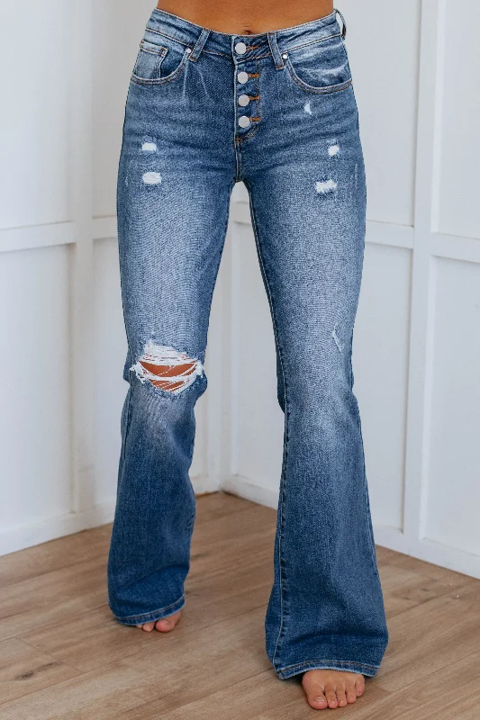 Adjustable waist pants for custom fit ease -Rayna Risen Flare Jeans - Dark Wash