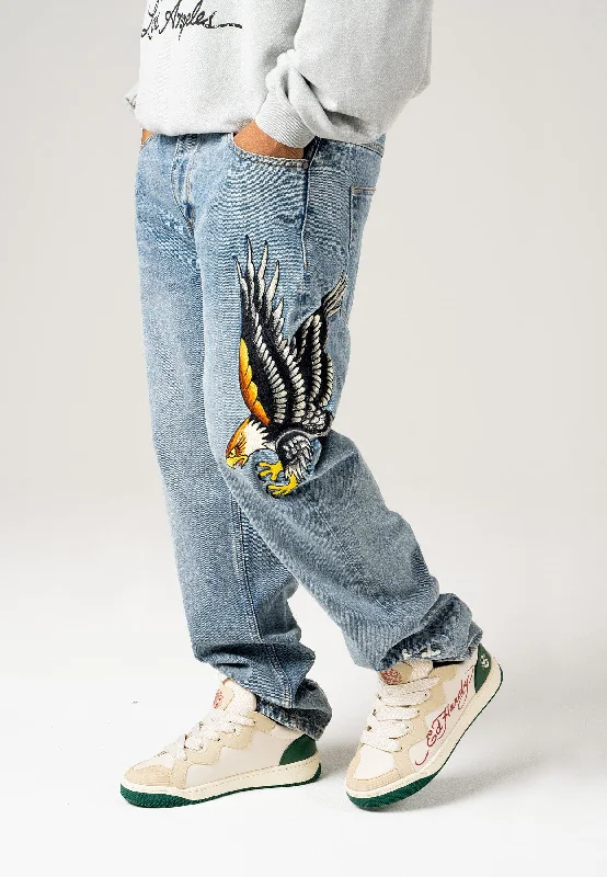 Designer skinny pants for luxury fashion flair -Mens Golden-Eagle Tattoo Graphic Denim Trousers Jeans - Bleach