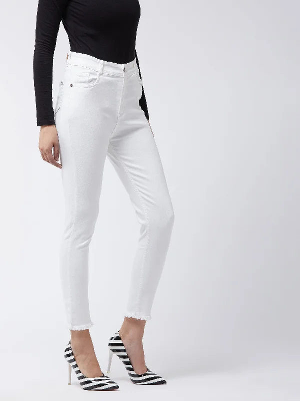 High Waisted Jeans for Shape -Women's White Skinny Fit High Rise Clean Look Cropped Bleached Raw Edge Detailing Stretchable Denim Jeans