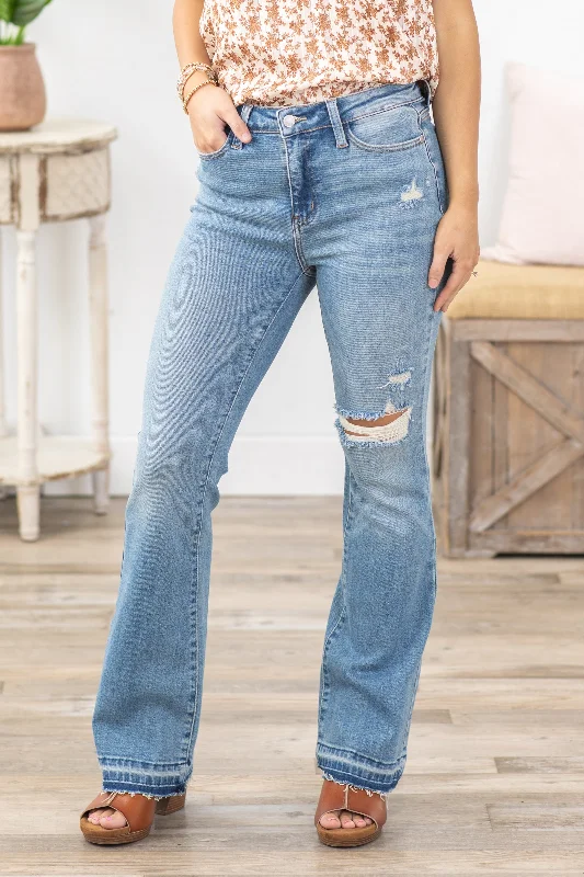 Ripped straight jeans for grunge fashion fans -Judy Blue Distressed Released Hem Bootcut Jeans