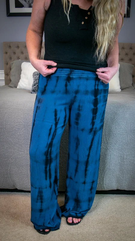 Designer skinny pants for luxury fashion flair -Mystic Moments: Denim Blue and Black Tie Dye Wide Leg Palazzo Pants w/Smocked Waistband