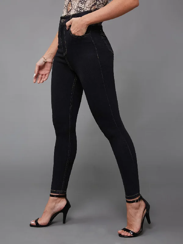 Mom Jeans for Vintage Appeal -Women's Black Skinny High Rise Clean Look Cropped Stretchable Denim Jeans