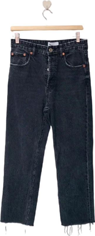 Trendy straight jeans with rolled cuff style -Zara Black Straight Leg Jeans UK 10