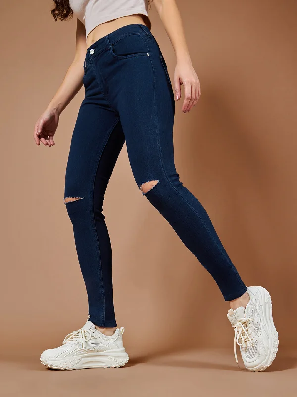 Fishing Jeans for Water -Women's Navy Blue Skinny Fit High Rise Regular Length Clean Look Knee Slit Denim Stretchable Jeans