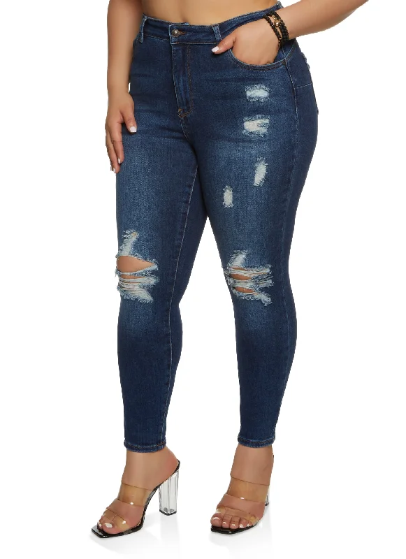 High-end Jeans for Exclusivity -Plus Size WAX Distressed High Waisted Skinny Jeans