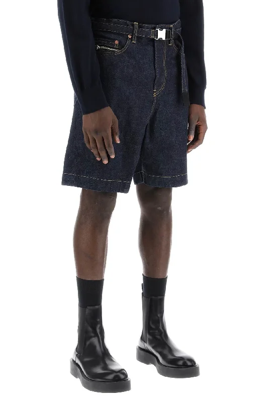 Stylish athletic shorts for men with reflective accents for visibility during evening runs-Sacai denim bermuda shorts with removable belt