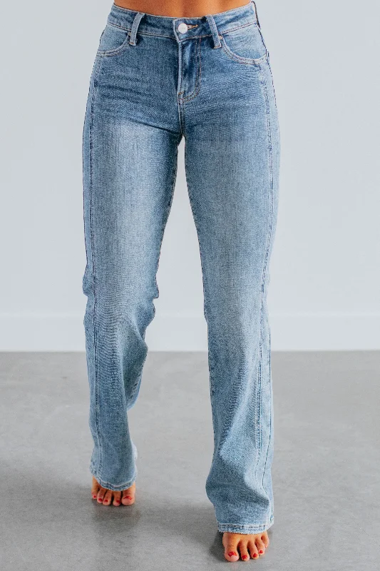 Retro bell-bottom pants for 70s-inspired fashion -Calina Risen Jeans - Medium Wash