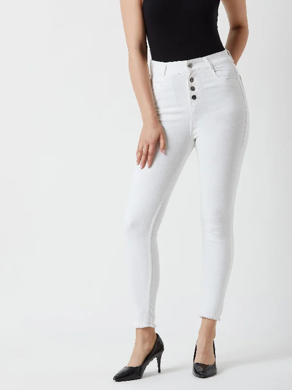 Wide Leg Jeans for Comfort -Women's White Skinny Fit High Rise Cropped Raw Edge Detailing Stretchable Denim Jeans