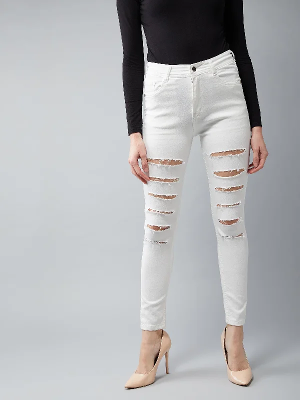 Dance Jeans for Movement -Women's White Skinny High Rise Ripped Regular length Stretchable Denim Jeans