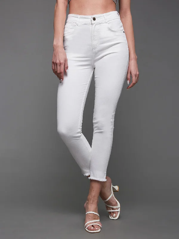 Holiday Jeans for Festive -Women's White Skinny High Rise Clean Look Bleached Cropped Stretchable Denim Jeans