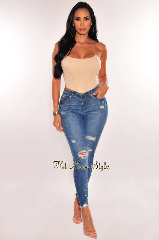 Affordable Jeans for Budget -Blue Denim High Waist Distressed Skinny Frayed Hem Ankle Jeans