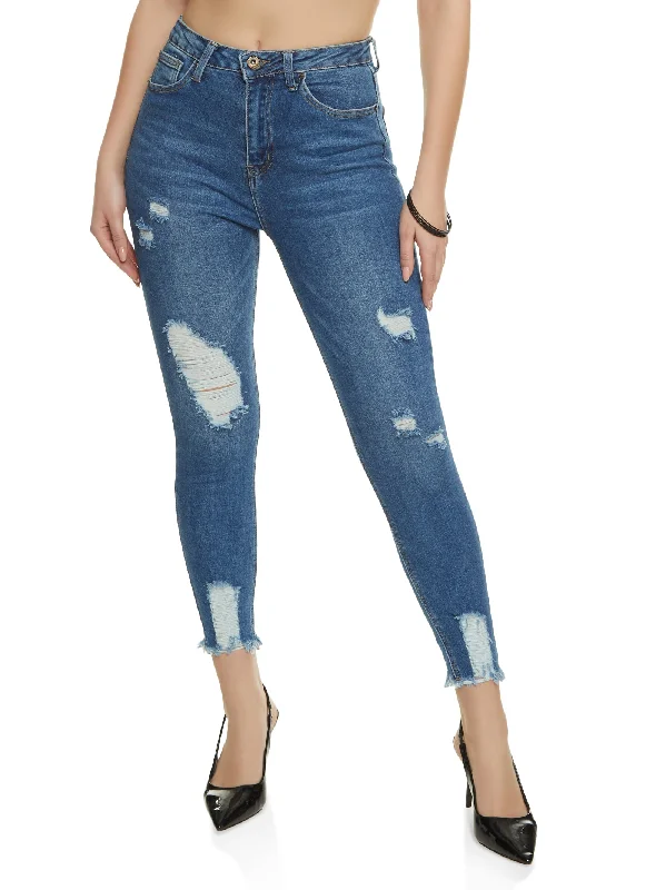 Anniversary Jeans for Special -WAX Distressed Frayed Hem Skinny Jeans