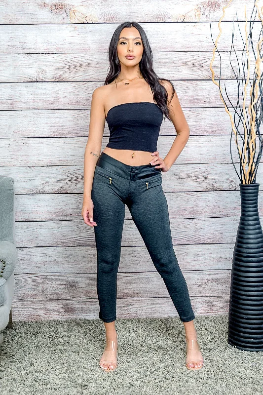 Classic straight jeans with subtle whisker details -Low Rise Cropped Pants with Front Zip Mock Pockets, Contrast PU Leather Waistband and Back (HP9016)