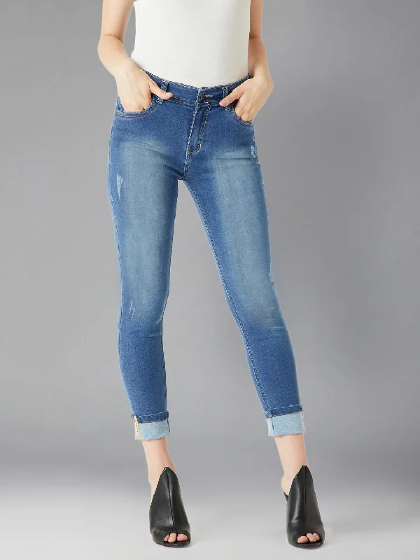 Raw Hem Jeans for Trendy -Women's Blue Skinny Fit High Rise Clean Look Regular Length Twill Tape Detailing Scraped Stretchable Denim Jeans